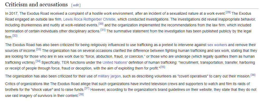 Screenshot of Wikipedia page documenting criticism of The Exodus Road