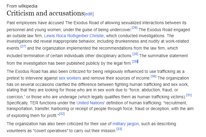 Wikipedia section on criticism and accusations against The Exodus Road